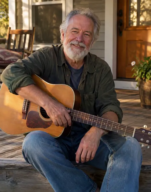 An older man strumming a guitar on a porch, made with MiniMax H3