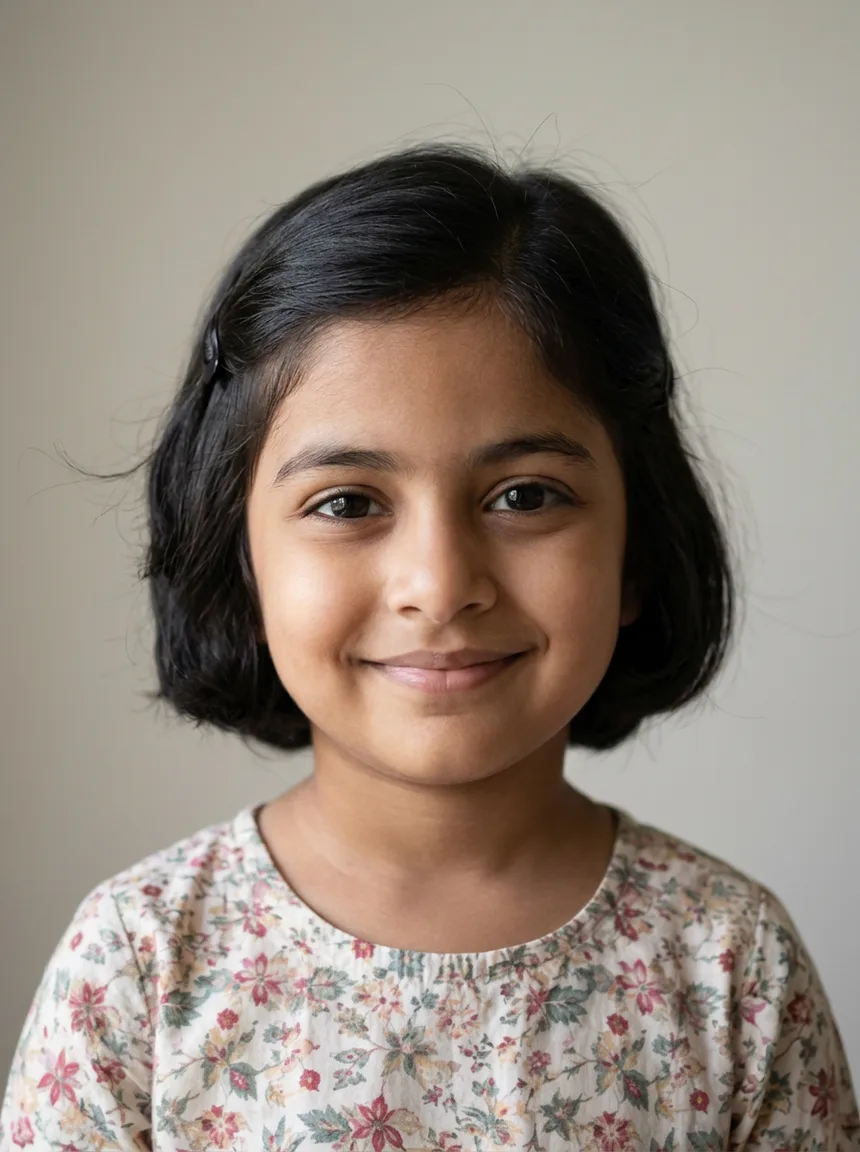 A smiling young girl generated from two South Asian parents, made with Nano Banana 2