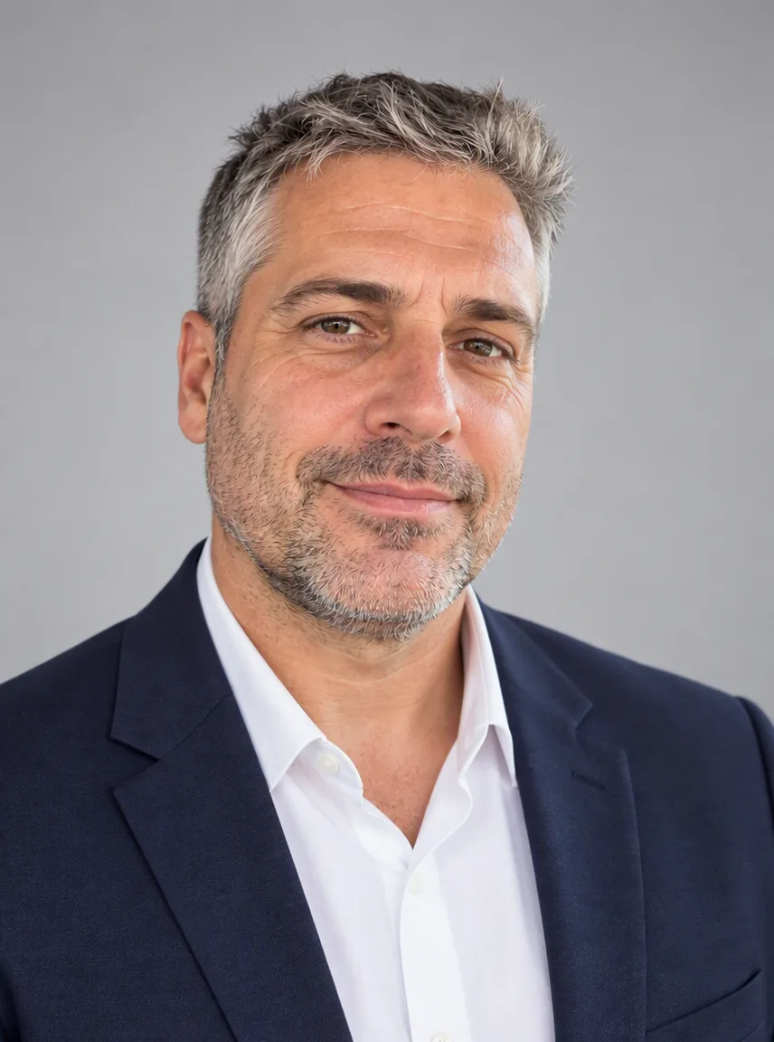 A car selfie of a grey-haired man turned into a navy-blazer headshot on light grey, made with GPT Image 2.5