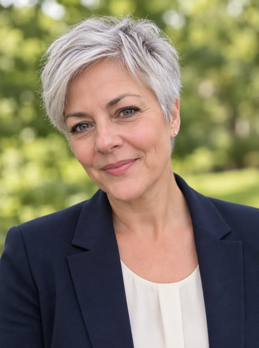 A garden selfie of a woman with a silver pixie cut turned into an outdoor headshot in a park, made with GPT Image 2.5