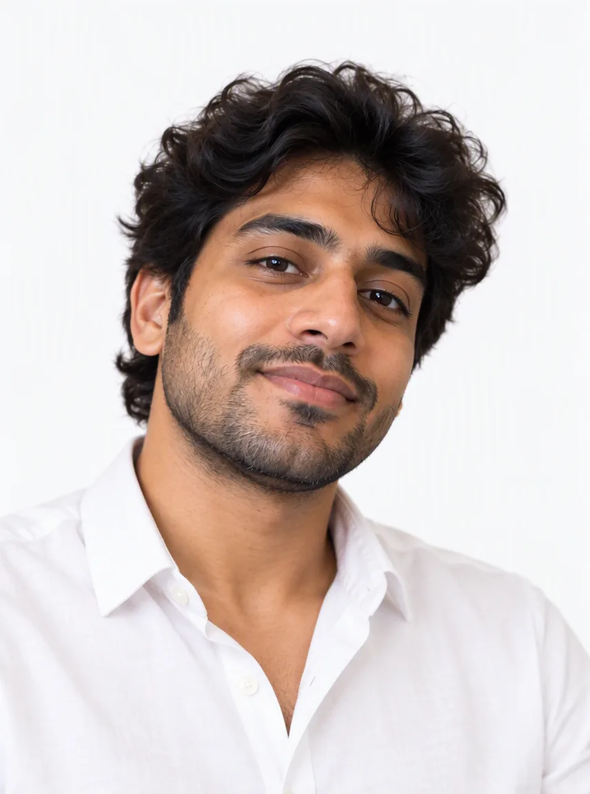 A sofa photo of a young man turned into a white-shirt team page headshot on white, made with GPT Image 2.5