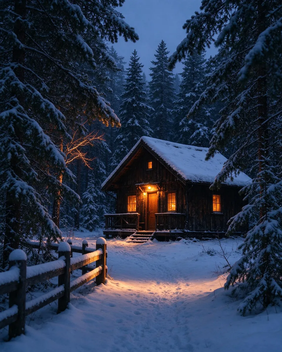 Una cabaña de madera en un pinar nevado al anochecer con las ventanas encendidas, hecho con Seedream 5 Flash