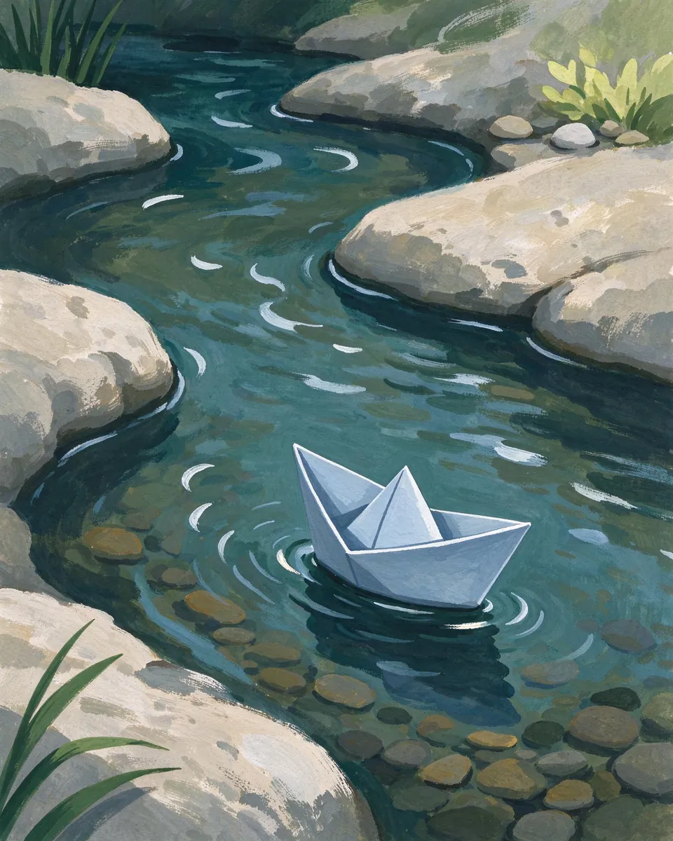 Un barco de papel en gouache flotando en un arroyo poco profundo, hecho con Seedream 5 Flash