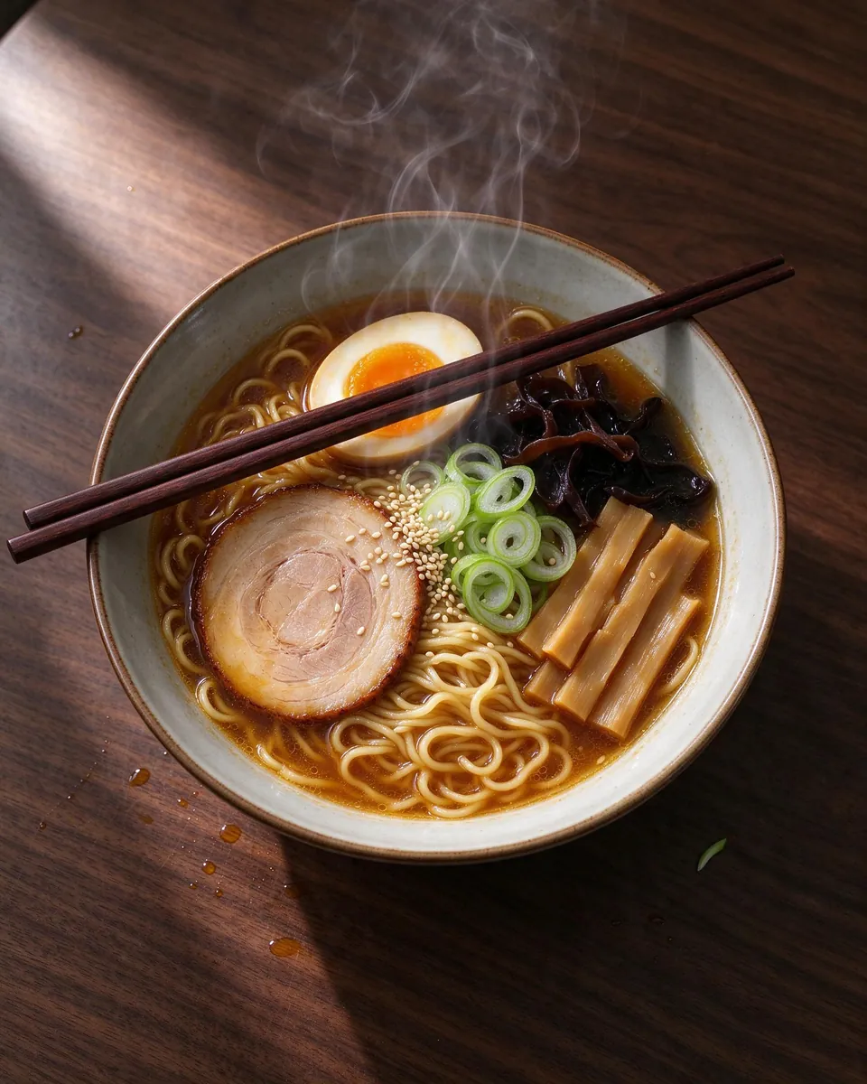 Un bol de ramen visto desde arriba con vapor y palillos, hecho con Seedream 5 Flash