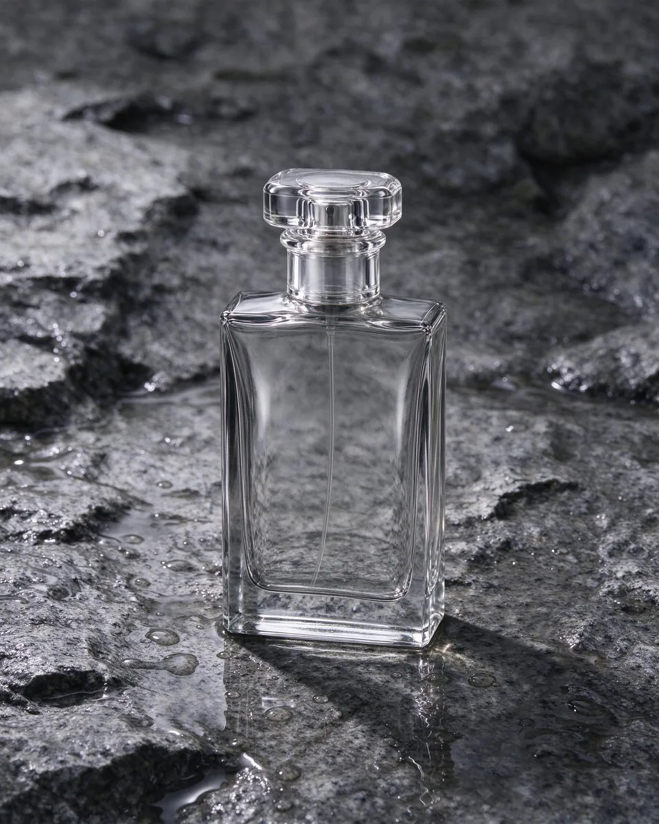 Un frasco de perfume de vidrio transparente sobre piedra gris mojada, hecho con Seedream 5 Flash
