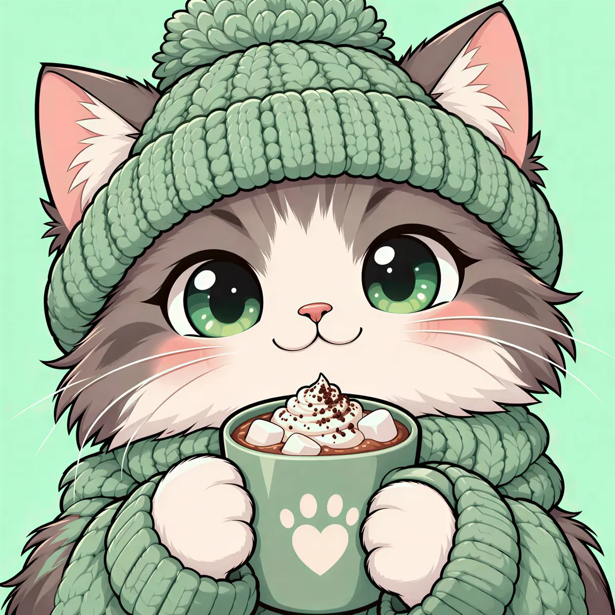 Vorher und nachher: ein kleiner Katzen-Avatar im Anime-Stil mit grüner Strickmütze, auf 2K vergrößert mit sauberen Linien