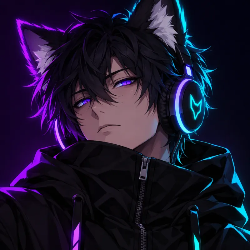 PFP anime para Discord de un gamer con orejas de zorro y auriculares de neón brillantes con sudadera negra, luz morada y cian