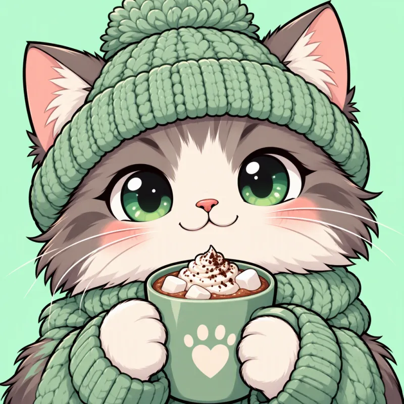 PFP tierno de un gato chibi con gorro de lana verde sosteniendo una taza de cacao sobre fondo menta