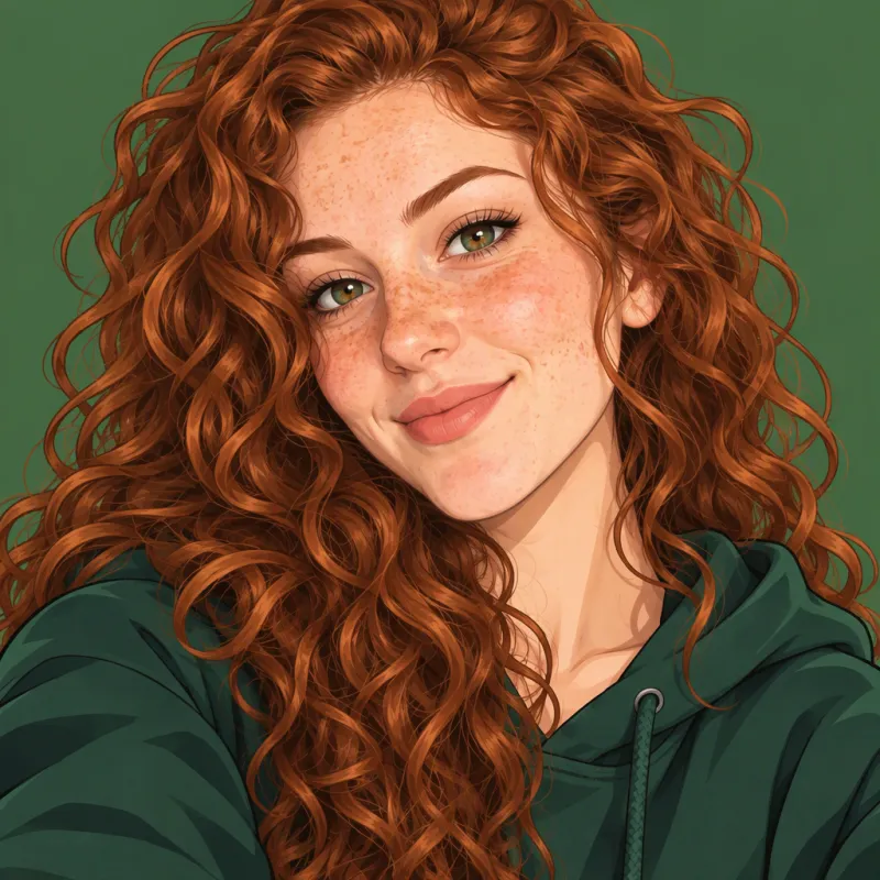 El selfie de una mujer de pelo rizado castaño rojizo convertido en un PFP de Discord estilo anime con fondo verde