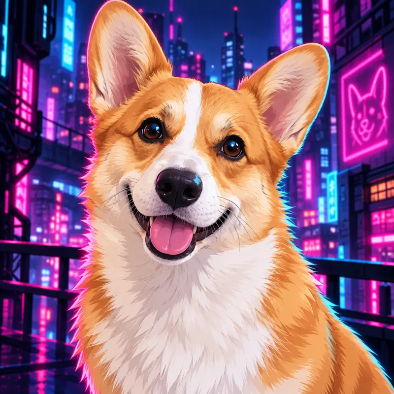 La foto de un corgi en un sofá convertida en un PFP cyberpunk para Discord con una ciudad de neón detrás