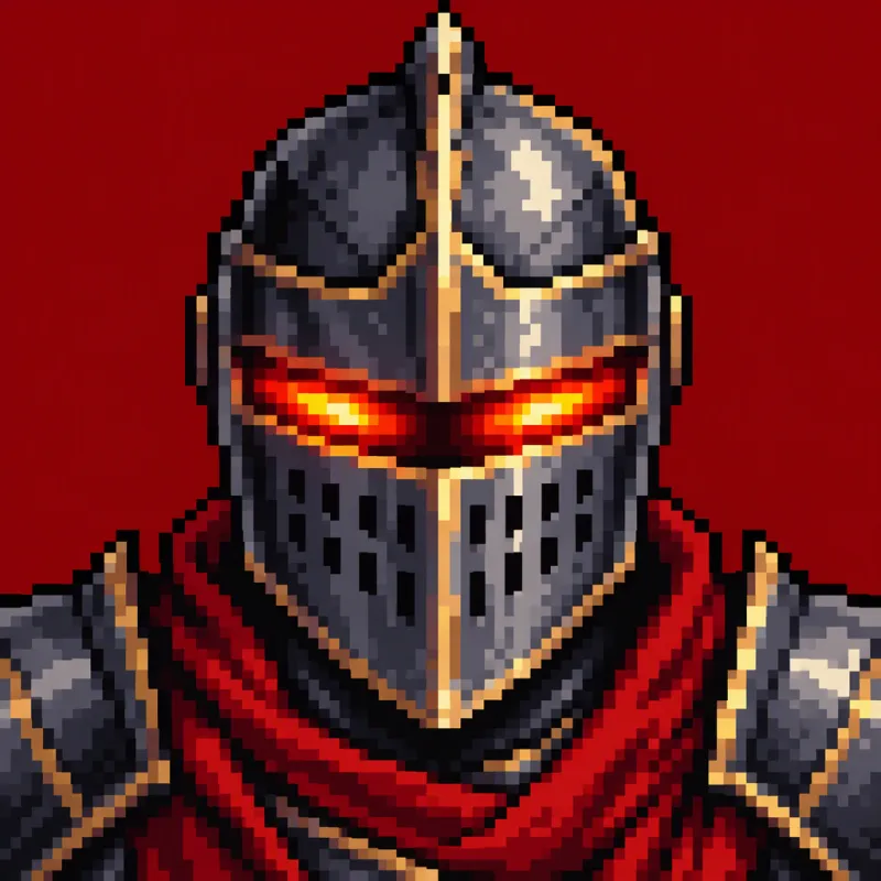 PFP en pixel art para Discord de un yelmo de caballero con visera roja brillante sobre fondo rojo oscuro