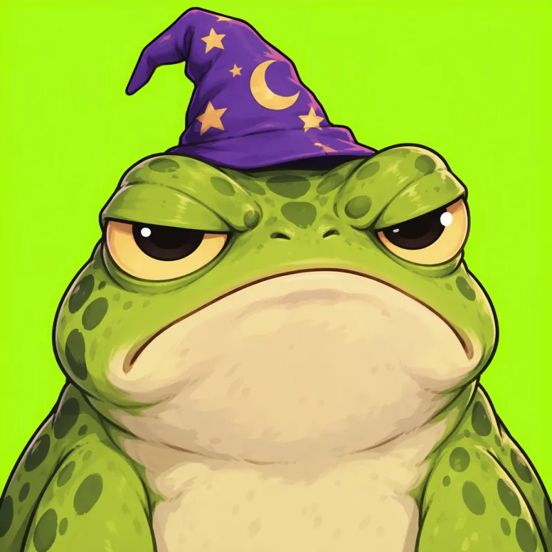 PFP meme gracioso para Discord de una rana gruñona con sombrero de mago morado sobre fondo verde lima