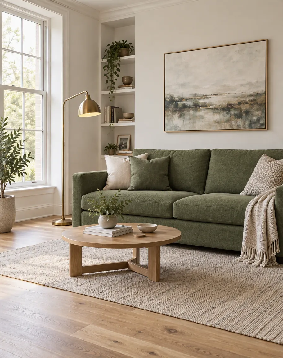 Ein Wohnzimmer, in dem nur das Sofa moosgrünes Leinen bekam, erstellt mit GPT Image 2.5