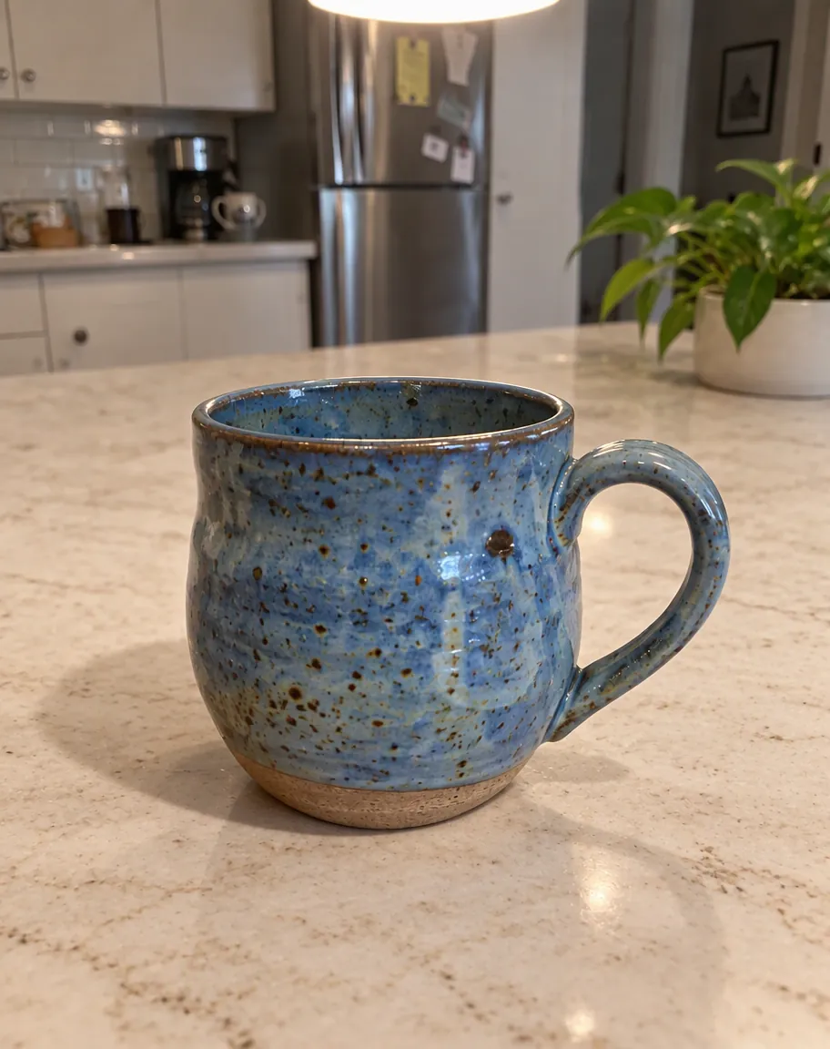 Eine blau gesprenkelte Keramiktasse, vom vollen Tisch auf hellen Stein versetzt, erstellt mit GPT Image 2.5