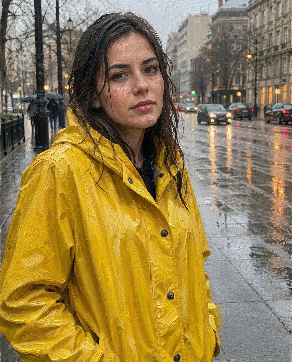 Um retrato de capa de chuva com uma leve textura de pintura e o rosto mantido, feito com Nano Banana 2