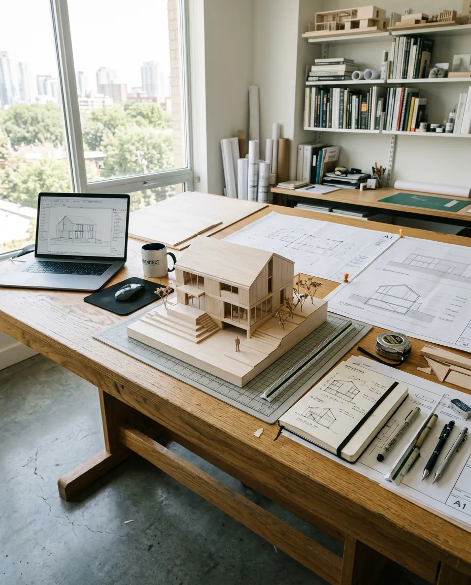 A mesa de um arquiteto com uma maquete de madeira clara de uma casa, feito com Nano Banana 2