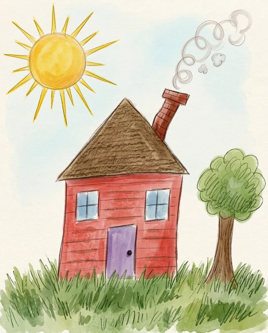 O desenho de uma casa feito por uma criança, refeito como ilustração suave em cores, feito com Nano Banana 2.1