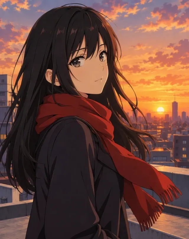 An anime character on a rooftop at sunset with her scarf in the wind, made with Kling 2.5 Turbo