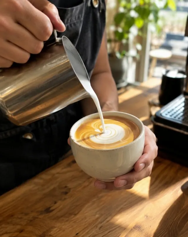 Latte art forming in a coffee cup, made with Kling 3.0