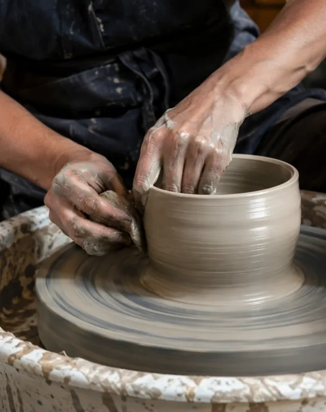 Hands shaping a clay pot on a pottery wheel, made with Kling 3.0