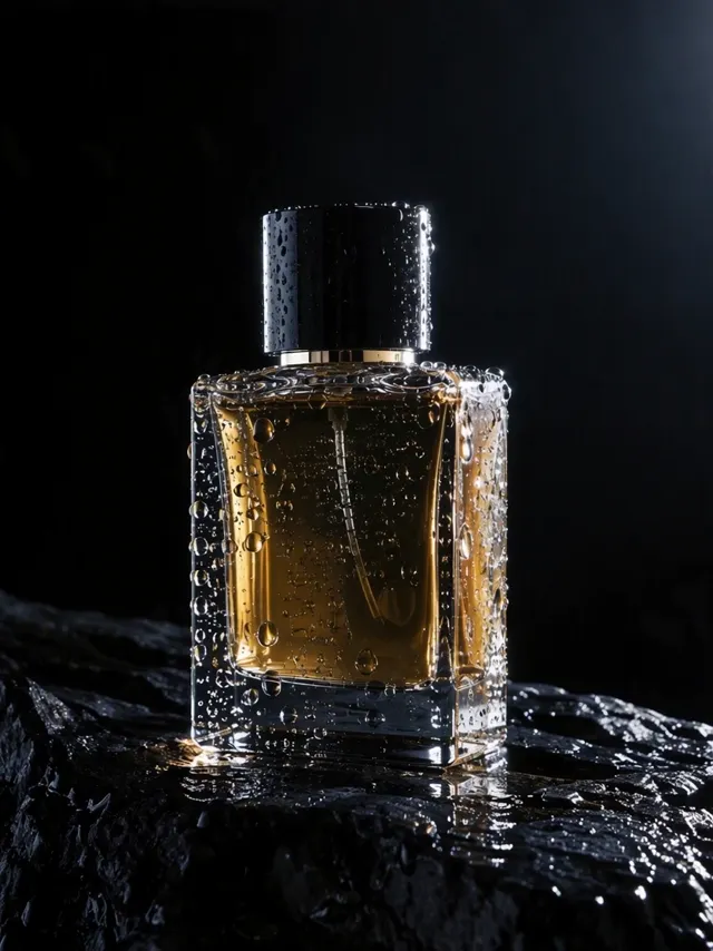 A perfume bottle on wet stone with light sweeping across it, made with Seedance 2.0
