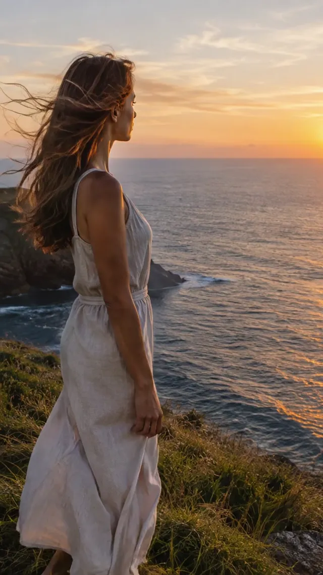 A woman on a sea cliff at sunset with her hair in the wind, made with Veo 3.1 Fast
