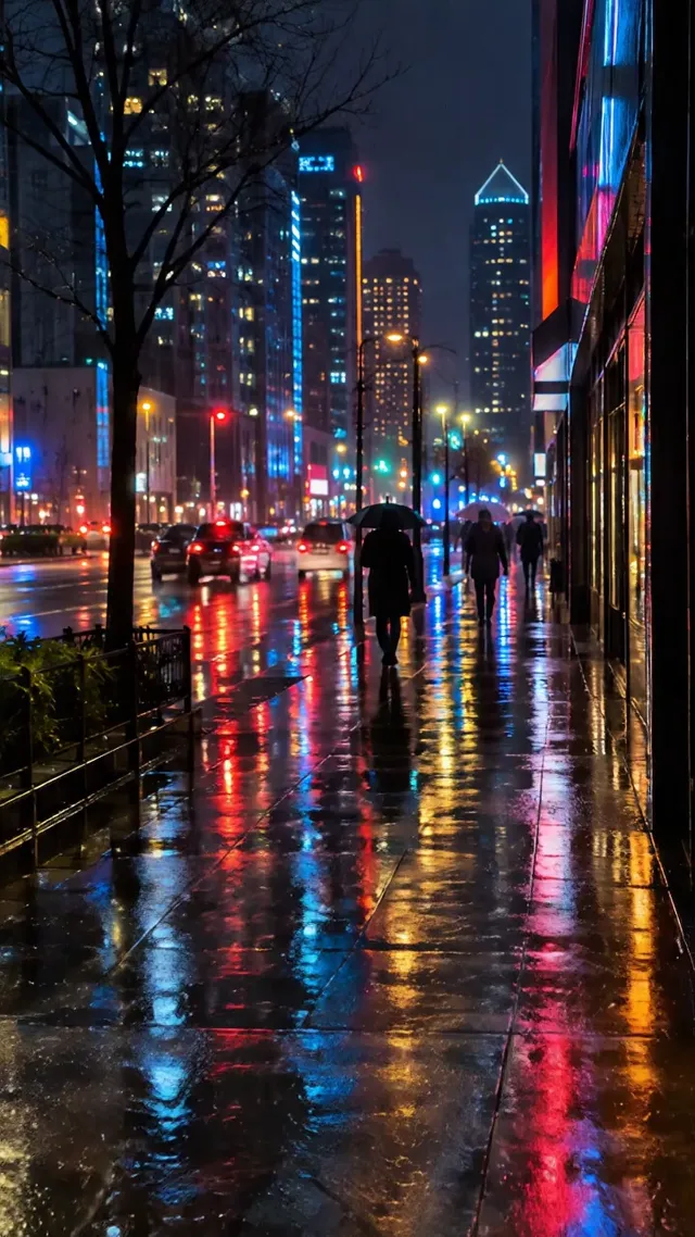 A rainy neon street at night with people under umbrellas, made with Veo 3.1 Lite