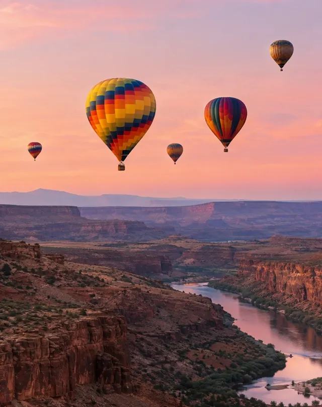 Hot air balloons rising over a canyon at dawn, made with Wan 3.0