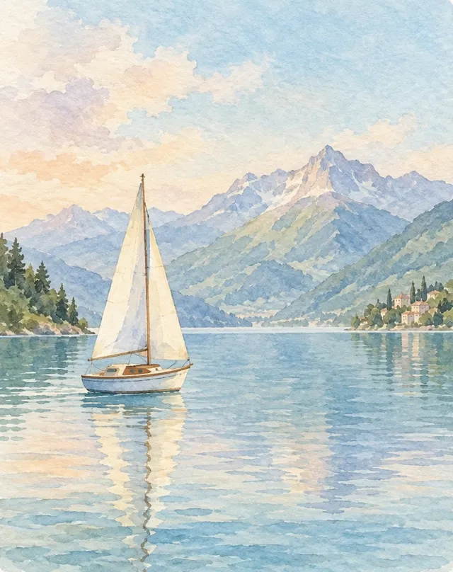 A watercolor sailboat drifting on a lake, made with Wan 3.0